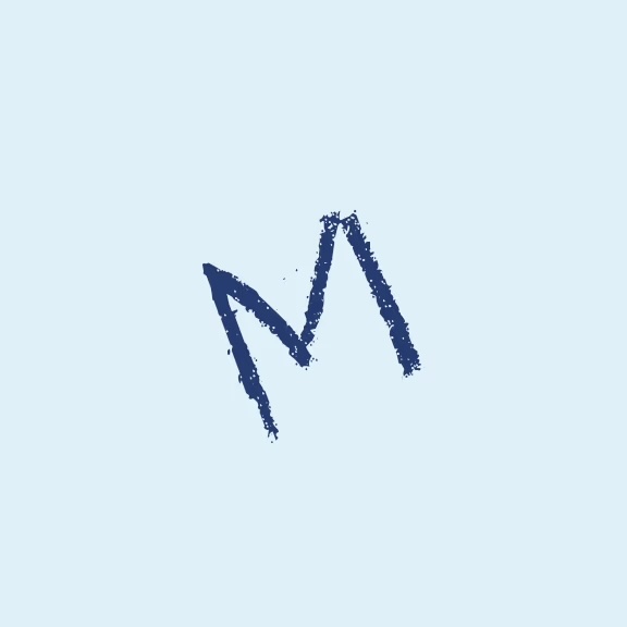 The image displays a single capital letter M with a watercolor-like texture and a blue tint.