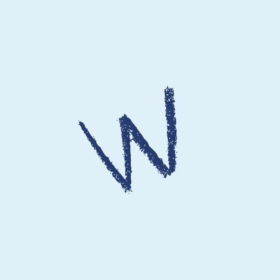 The image displays a graphic with the letter W stylized in a handwritten font, set against a white background.