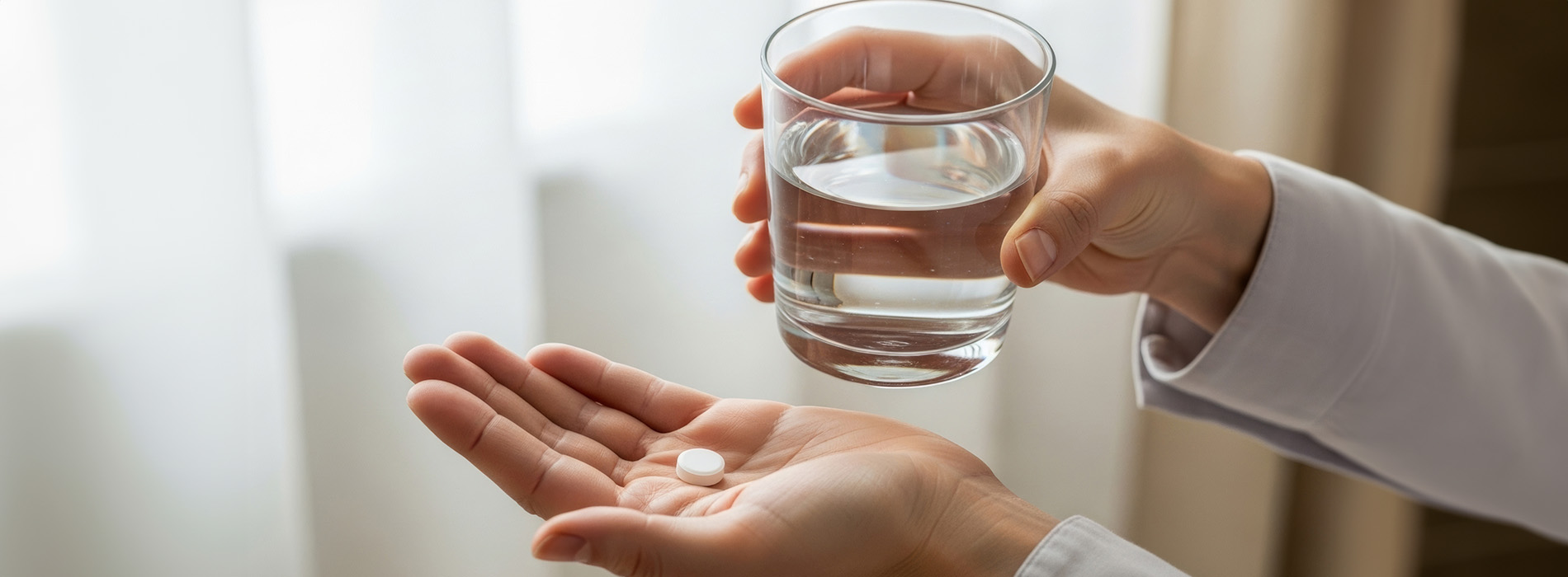 The image shows two hands holding a glass of water with a focus on the transparency of the liquid.
